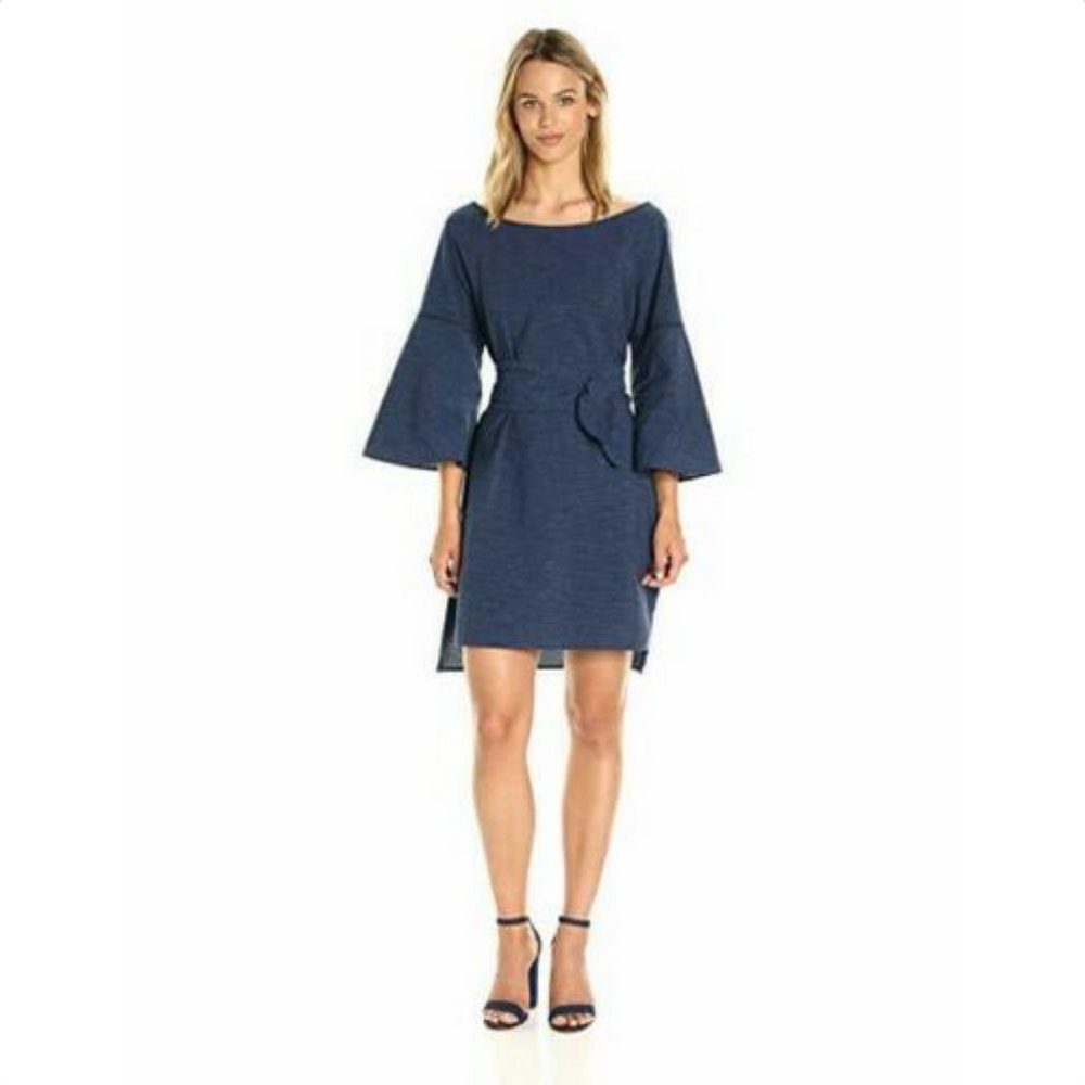 Halston Heritage Chambray Flounce Sleeve Dress S